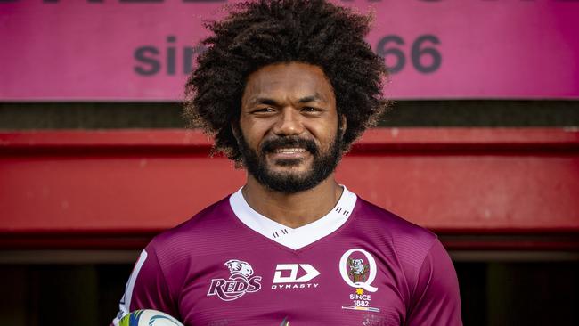 New wing signing Henry Speight shows off the new 2020 Queensland Reds playing jersey. Picture: Brendan Hertel.