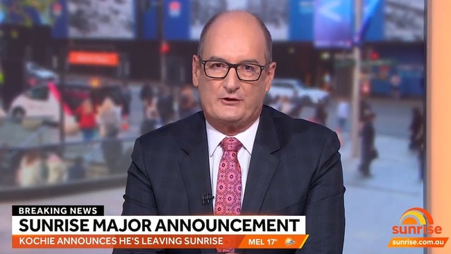 David Koch quit Sunrise on air this morning in a touching farewell. Picture: Channel 7