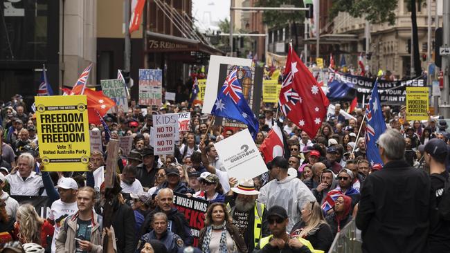 People rally against Covid vaccine mandates in Sydney in November last year. Picture: Brook Mitchell/Getty Images