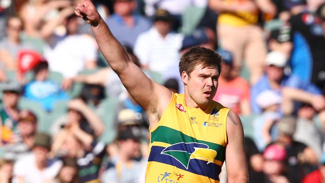 SANFL - Grand Final - Woodville-West Torrens Eagles v West Adelaide at Adelaide Oval. Michael Wundke celebrates his goal. Photo Sarah Reed.