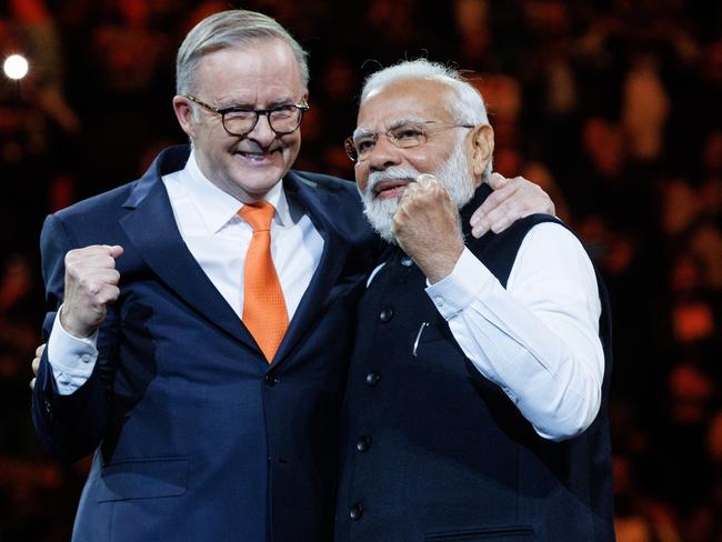 SYDNEY, AUSTRALIA - NewsWire Photos MAY 23, 2023: An Indian Cultural and community event at Sydney Olympic Park tonight to welcome the Indian Prime Minister Narendra Modi to Australia. Australian Prime Minister Anthony Albanese introduced Modi to the crowd. Picture: NCA NewsWire / David Swift