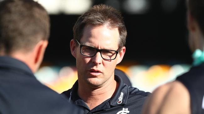 Blues coach David Teague speaks to his players during Sunday’s match against the Power. Picture: Jono Searle/AFL Photos/via Getty Images