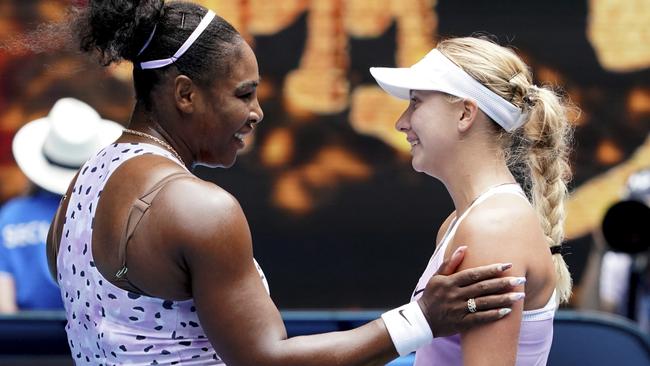 Serena Williams and Anastasia Potapova were all smiles at the end of the match. Picture: AP