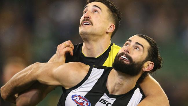 Collingwood's Brodie Grundy and Richmonds Ivan Soldo. Picture: Michael Klein