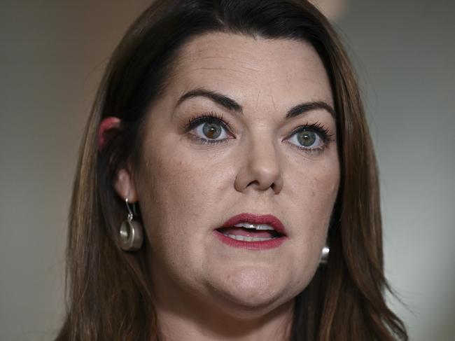 CANBERRA, AUSTRALIA, NewsWire Photos. NOVEMBER 9, 2023: Australian Greens Senators, David Shoebridge, Larissa Waters and Senator Sarah Hanson-Young hold a press conference at Parliament House in Canberra. Picture: NCA NewsWire / Martin Ollman