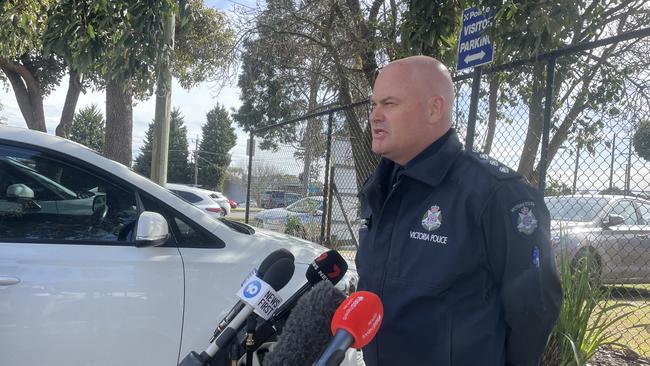 Victoria Police Inspector Scott Dwyer addresses the media on Thursday. Picture: Olivia Jenkins