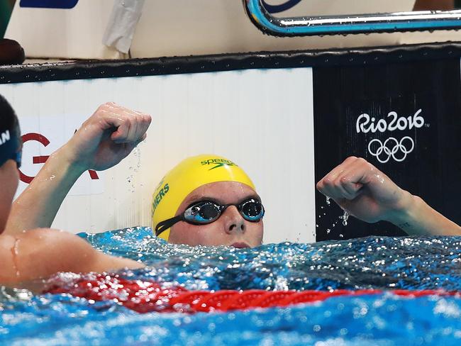 Australia's Kyle Chalmers celebrates winning the Gold medal in the Men's 100m Freestyle Final on day five of the swimming at the Rio 2016 Olympic Games. Picture. Phil Hillyard
