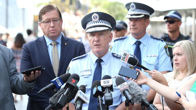 Police Commisioner Mick Fuller addresses media at Sydney's Circular Quay to announce the roll out of long-arm firearms. Picture: Justin Sanson