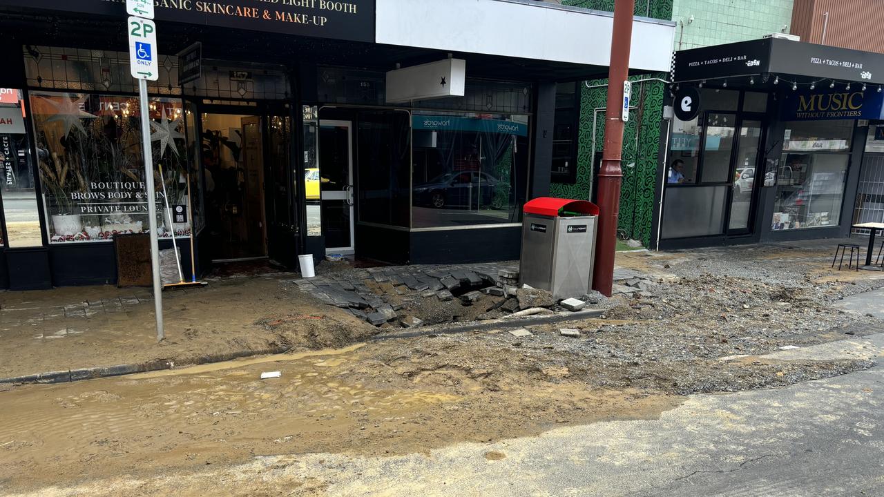 Burst water main on Liverpool Street, Hobart causes damage. Picture: Simon McGuire