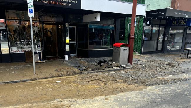 Burst water main on Liverpool Street, Hobart causes damage. Picture: Simon McGuire