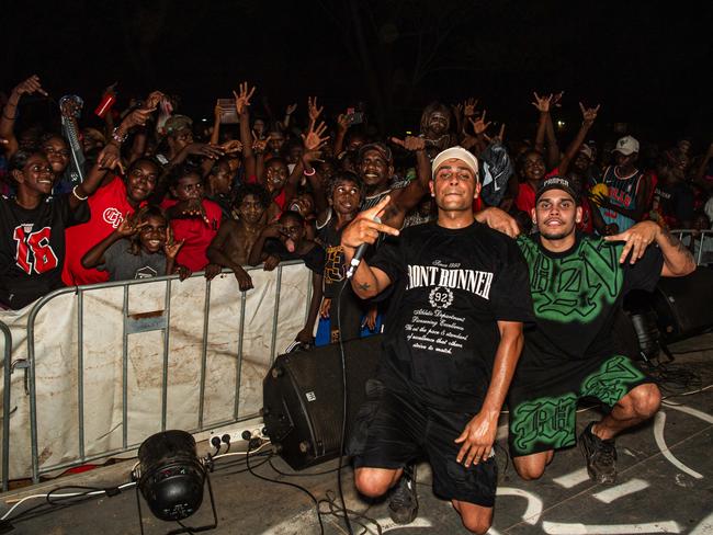 Rappers J-Milla and Yung Milla received a rock star welcome in the remote NT community of Wadeye, returning to perform at the 2024 Yidiyi festival on November 2, 2024. Picture: Pema Tamang Pakhrin