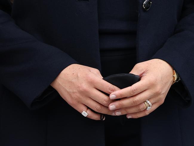 Meghan Markle’s ring-adorned hands. Picture: Taylor Hill/WireImage