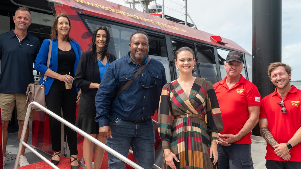 Deputy mayor Belinda Hassan and Mackay regional councillors Nathenea MacRae, Namarca Corowa and Ash-Lee Johnson, boarded the wildcat near Blue Water Quay. 22 April 2024 Picture: Michaela Harlow