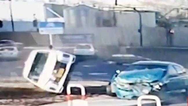 7NEWS has obtained dramatic video of the moment a stolen car slammed into a motorist at Angle Park. Picture: 7NEWS