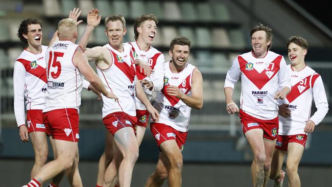 Riewoldt celebrates a goal with Clarence teammates in his return game. Picture: Nikki Davis-Jones