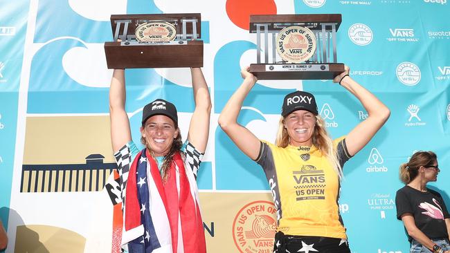 Stephanie Gilmore (right), with Courtney Conlogue at the US Open earlier this year, has been in outstanding form this year and is still on track to claim a seventh world title. Photo: Getty Images