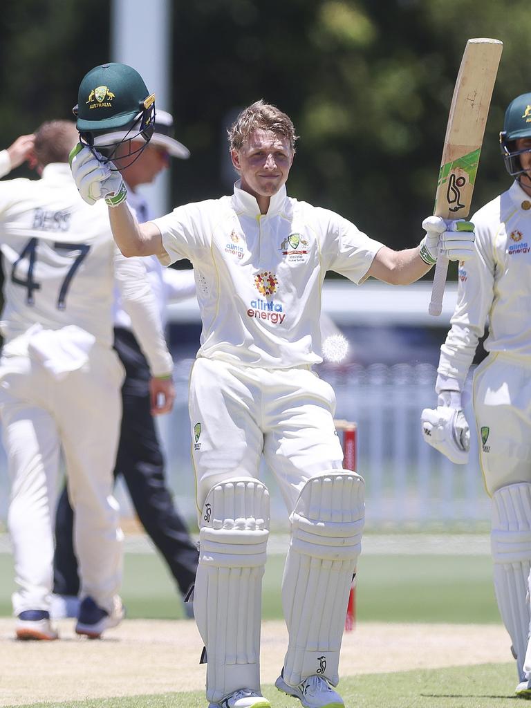 Bryce Street gets his 100 for Australia A against the England Lions in December, 2021. (Photo by Peter Wallis/Getty Images)