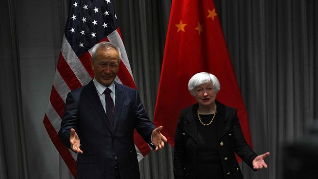 US Treasury Secretary Janet Yellen and Chinese vice-premier Liu He pose ahead of their meeting on the sideline of the World Economic Forum annual meeting in Davos on January 18.