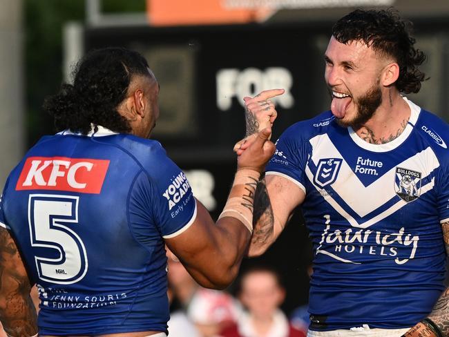 BUNDABERG, AUSTRALIA - AUGUST 17:  Bronson Xerri of the Bulldogs reacts during the round 24 NRL match between Canterbury Bulldogs and Dolphins at Salter Oval, on August 17, 2024, in Bundaberg, Australia. (Photo by Emily Barker/Getty Images)