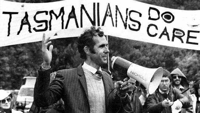 Bob Brown, the face of the campaign to block the Franklin River dam in Tasmania, addresses a protest rally on July 1, 1983.