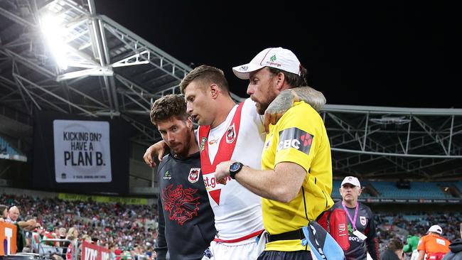 St George's Tariq Sims leaves the field with an injury during the South Sydney v St. George-Illawarra NRL Semi Final at ANZ Stadium, Homebush. Picture: Brett Costello