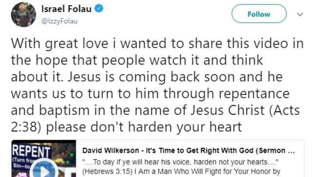 A tweet by Australian Rugby play Israel Folau. Picture: Supplied