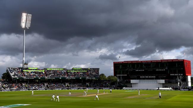 Dark skies over play, and England’s hopes, on day two. Picture: Getty Images