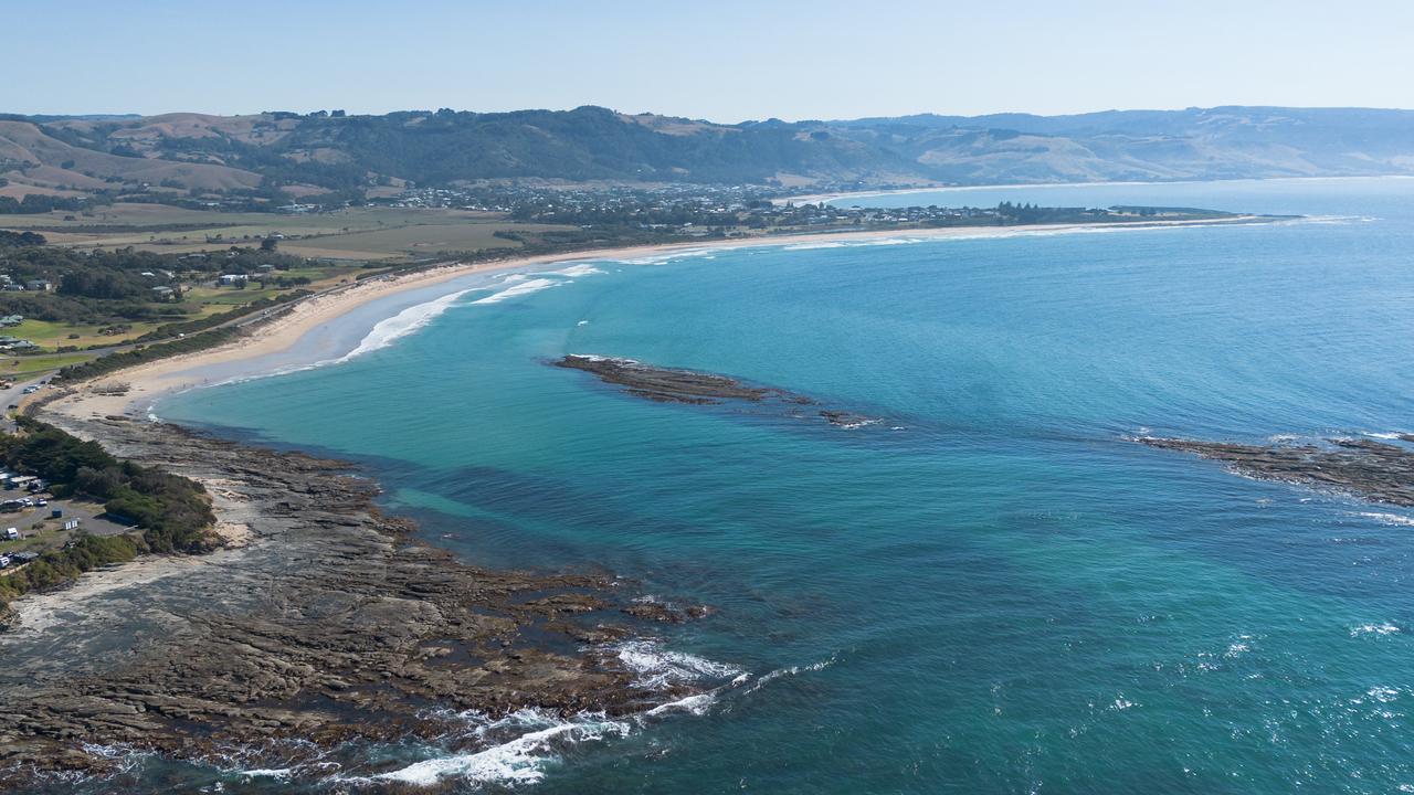 An ariel photo of Marengo Beach and the Apollo Bay back beach. Picture: Brad Fleet