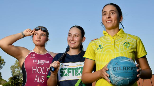 Townsville Grammar students Alexandra Holt, Julia Fulton and Sasha-May Flegler have all been selected to represent Australia in their respective sports in 2023. Picture: Evan Morgan