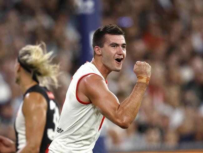 Sydney's Logan McDonald celebrates kicking a goal during the Round 1 AFL match between the Collingwood Magpies and the Sydney Swans at the MCG on March 15, 2024. Photo by Phil Hillyard (Image Supplied for Editorial Use only – Phil Hillyard **NO ON SALES** – Â©Phil Hillyard )