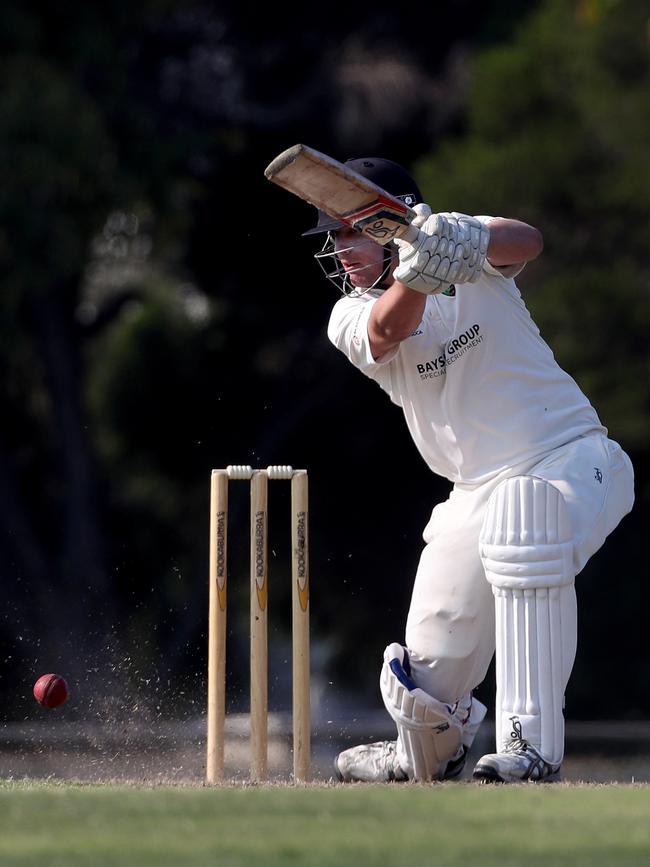 Callum Nankervis of Plenty Valley drives during the VSDCA cricket match between Brunswick and Plenty Valley.