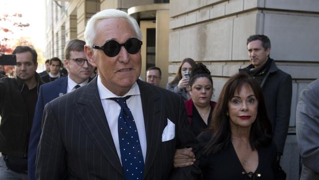 Roger Stone leaves court last November with wife Nydia. Picture: AP