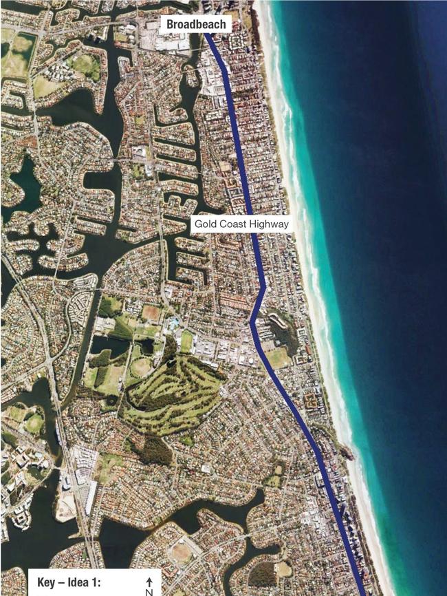 The light rail path along the Gold Coast Highway as originally proposed by GCC in 2015. Photo: Supplied.