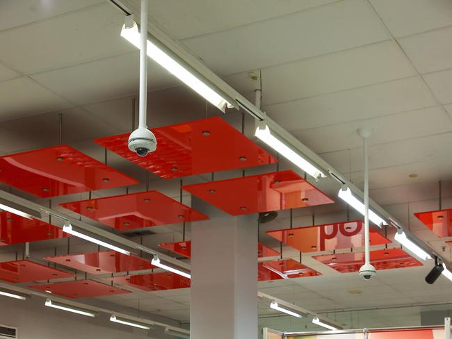 Cameras at the entrance of Kmart, at Broadway Shopping Centre. Facial recognition analyses images from video cameras to capture each person’s unique facial features, known as a faceprint. Picture: Justin Lloyd