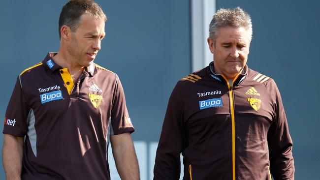 Alastair Clarkson and Chris Fagan during a Hawthorn training session in 1014.