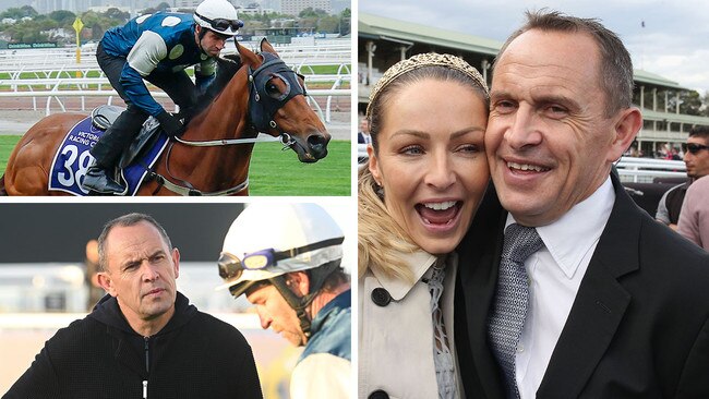 Chris Waller and wife Stephanie (right) celebrate Winx's victory in the 2018 Winx Stakes; Waller supervises the Melbourne Cup preparation of Buckaroo (top left) with trackwork rider Steven Arnold (bottom left).