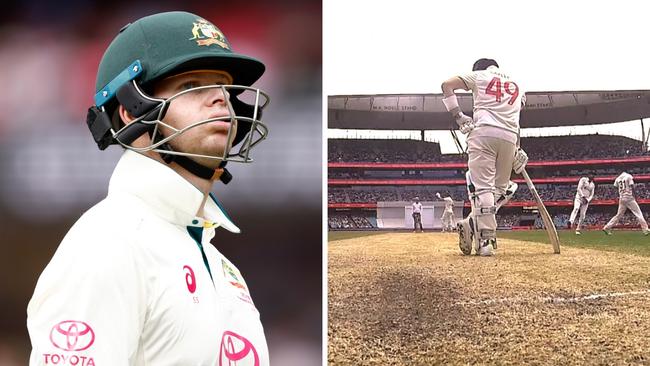 Steve Smith didn't move for some time looking down at the pitch. Photo: Fox Cricket.