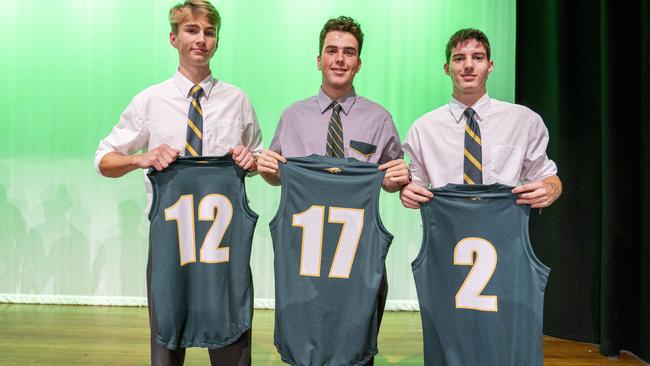 Villanova College First XVIII player Campbell Shaw, with No. 17, flanked by teammates Jackson Dalrymple, left, and Lachlan Brown. Lachlan and Jackson are the vice-captains.