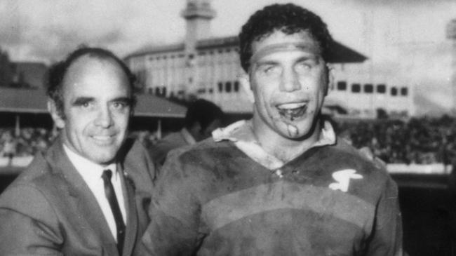 Coach Clive Churchill (L) and captain John Sattler after Souths defeated Manly in 1970 first grade grand final at the SCG in Sydney, 09/1970. Pic News Limited.