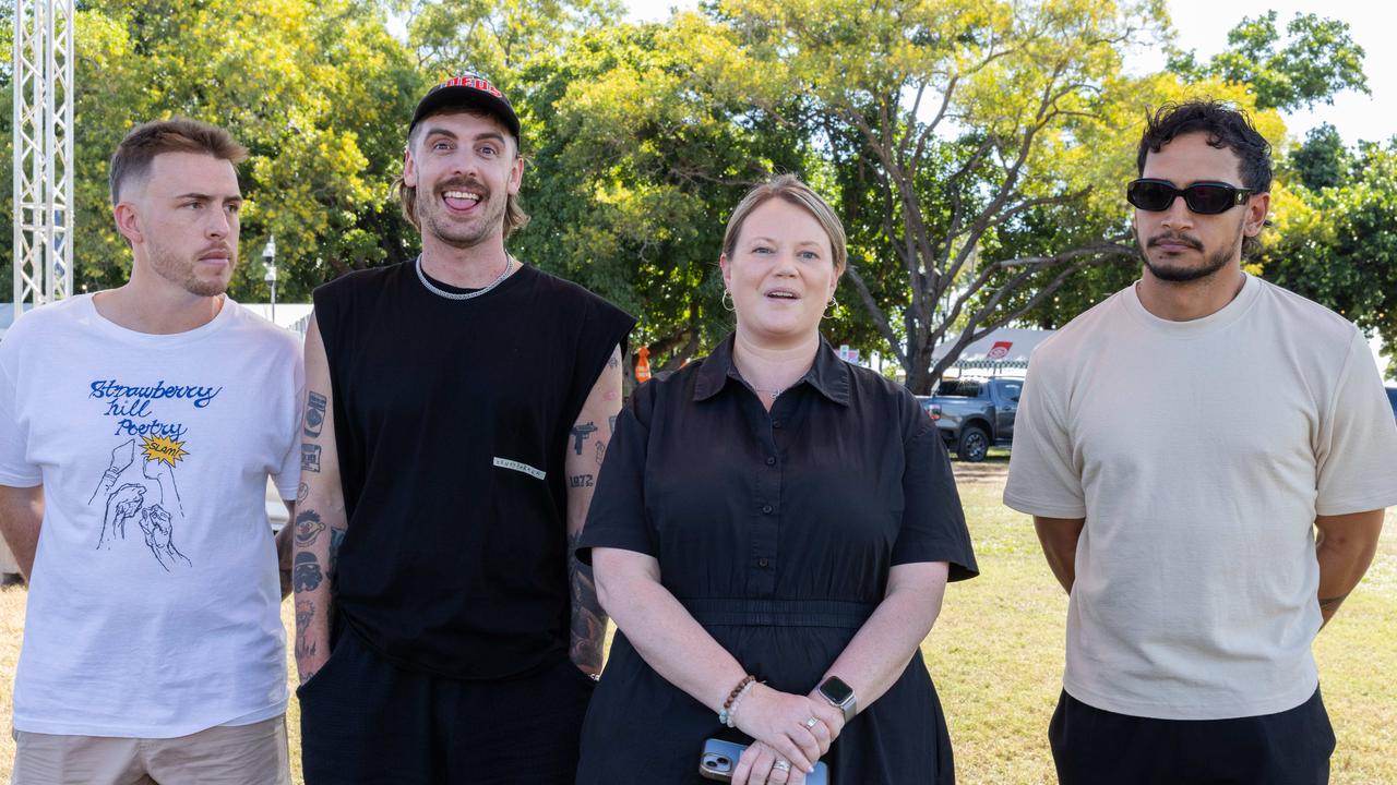 Tim Benson, LUUDE, NT Major Events chair Penny Priest and Darwin-born artist Marlon Motlop ahead of BASSINTHEGRASS 2025. Picture: Pema Tamang Pakhrin