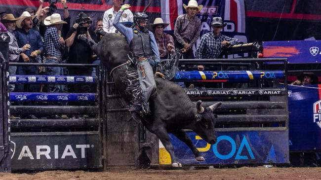 Macaulie Leather rides Revolver at the PBR Grand Finals in Townsville, Queensland at the Townsville Entertainment &amp; Convention Centre on Saturday November 2, 2024. Picture: PBR Australia.