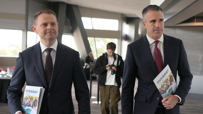 Treasurer Stephen Mullighan and Premier Peter Malinauskas arriving for Budget lockup. Picture: NewsWire / Dean Martin