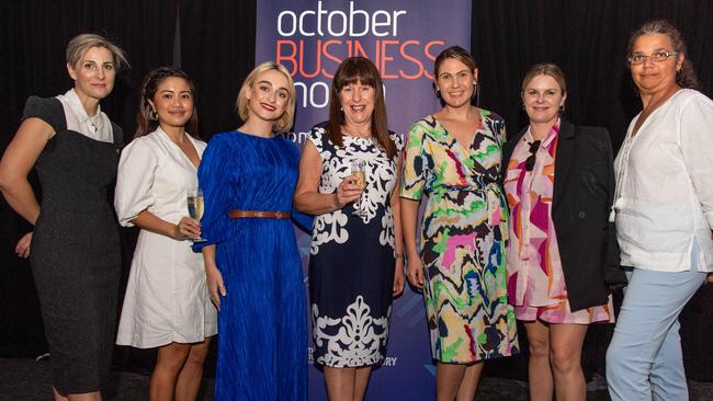 Claire Ashard, Bec Campart, Sophie Gallagher, Jill Morris, Gemma Chohdri, Laura Angus and Debbie Liddle at the October Business Month 2023 in Mindil Beach Casino Resort, Darwin. Picture: Pema Tamang Pakhrin