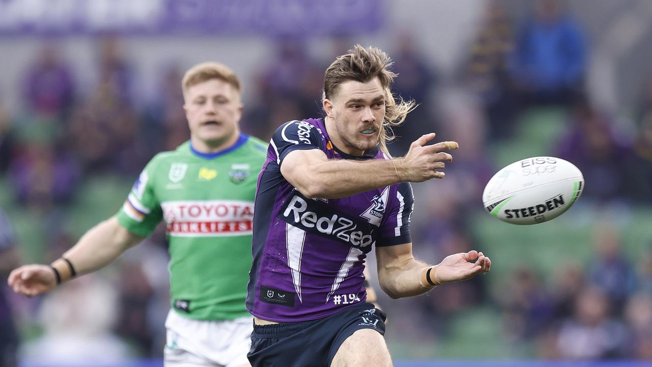 MELBOURNE, AUSTRALIA - JULY 17: Ryan Papenhuyzen of the Storm passes the ball during the round 18 NRL match between the Melbourne Storm and the Canberra Raiders at AAMI Park, on July 17, 2022, in Melbourne, Australia. (Photo by Mike Owen/Getty Images)