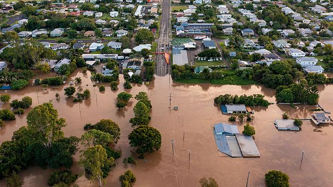 Aerial view of the 2022 floods in Maryborough along the overflowing Mary River. Photo: AFP/ Queensland Police Services.