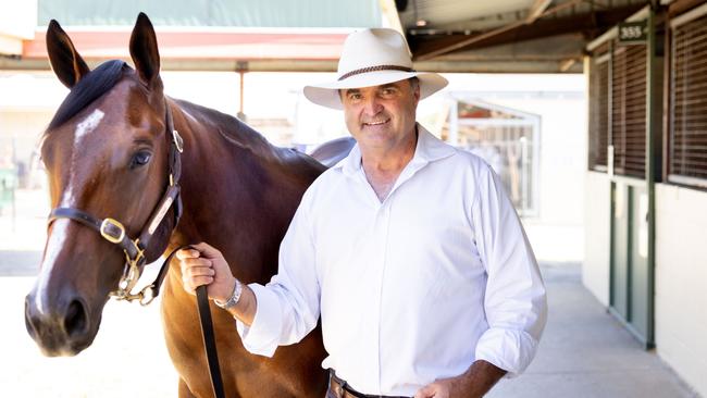 Yulong Investments general manager Vin Cox with Lot 185, the first foal of champion filly Away Game, ahead of the Magic Millions yearling sale. Picture: Luke Marsden