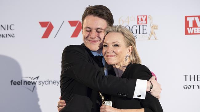 SYDNEY, AUSTRALIA - NewsWirePhotos -Sunday, 18 August 2024:LOGIE AWARDSRebecca Gibney poses for a photograph with her son after being inducted into the Hall of Fame at the 64th Television Week Logie Awards presentation ceremony at The Star in Sydney.Picture:NewsWire/ Monique Harmer