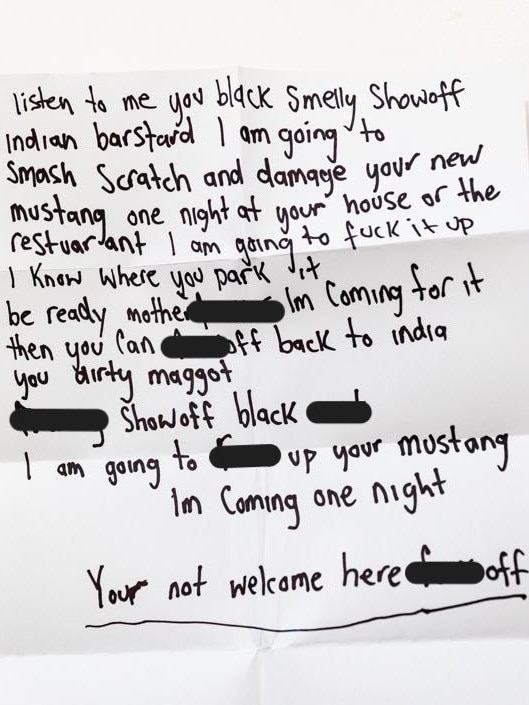 A photo of the second racist letter Mr Singh was mailed (some profanities censored). Photographed by Linda Higginson.