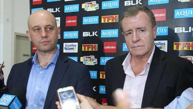 Pictured at the Gold Coast Airport terminal L-R NRL CEO Todd Greenberg and Titans CEO Graham Annesley . Picture Mike Batterham