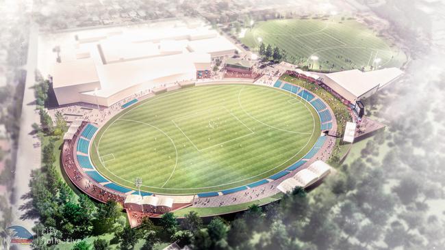 An artist impression of the aerial view of the Adelaide Crows’ new base at Thebarton Oval, looking to the northwest. Credit: City Collective